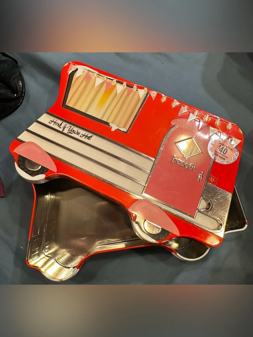 Benefit Red and Gold Food Truck Party Tin Favor empty tin container